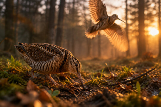 Woodcock in forest clearing during golden hour, long beak probing soil with soft focus background.
