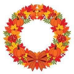 Fototapeta premium Autumn Pumpkin Wreath with Fall Leaves and Red Bow Isolated on White Background for Thanksgiving Day Design