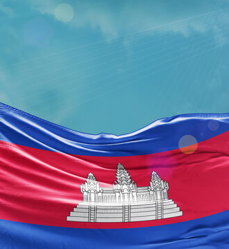 Cambodia flag banner waving in the sky.