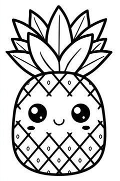 cute smiling pineapple outline black and white line art illustration for coloring page