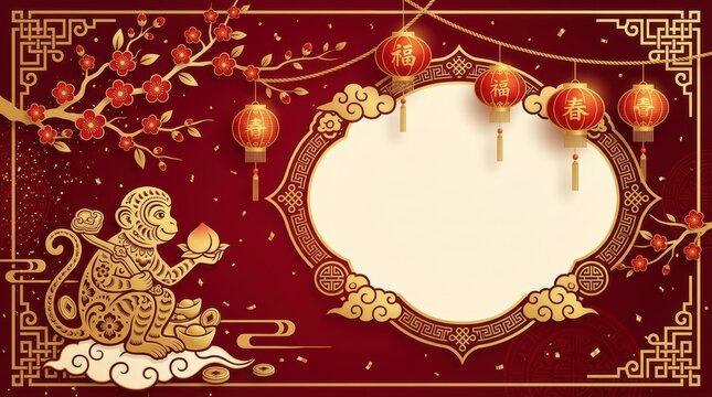 Golden monkey holding a peach on a cloud with red lanterns and a blank frame, ideal for chinese new year greetings.