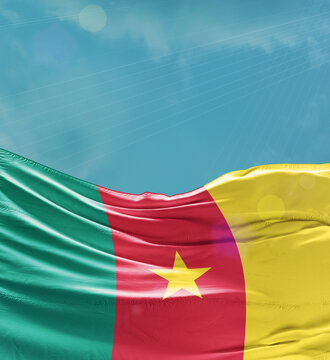 Cameroon flag banner waving in the sky.