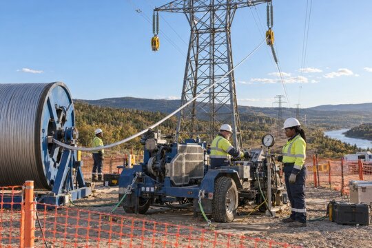 power line crew uses tensioning equipment to install a high-capacity conductor on existing transmission towers, modernizing the grid through cost-efficient reconductoring