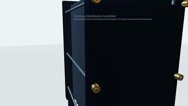 3D animation of flash pasteurization HTST process in a plate heat exchanger showing counter-current hydrodynamics, microbial denaturation of raw milk, and cryogenic flash chilling