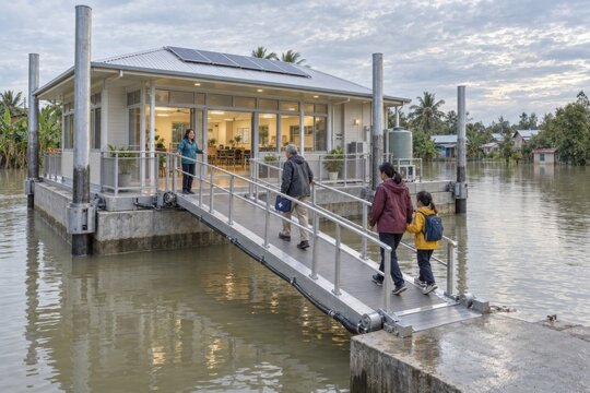 residents use an accessible gangway to enter an amphibious community center that remains open above floodwater, preserving essential local services during seasonal flooding