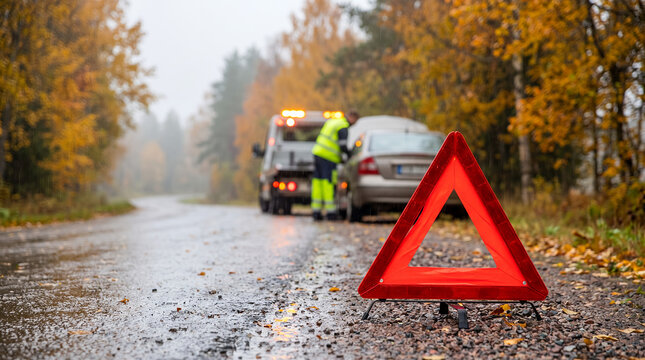 Roadside assistance with a tow truck and warning triangle in autumn  