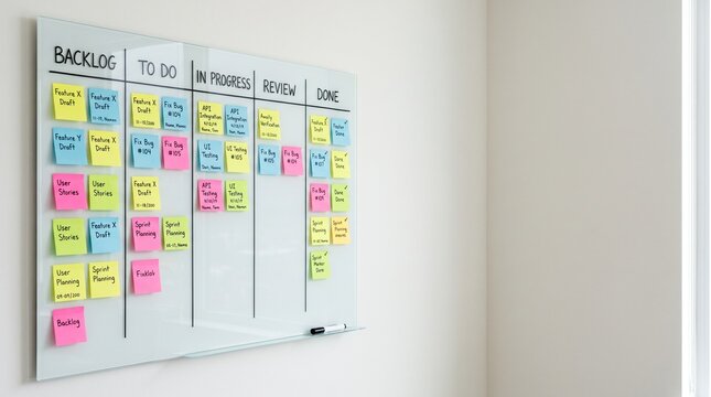 Agile development team's Kanban board with sticky notes for task management.