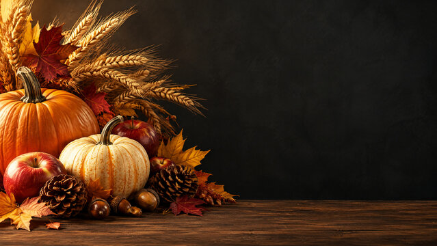Rustic autumn harvest still life with pumpkins and wheat, seasonal thanksgiving background on dark wood, fall foliage and apples with copy space
