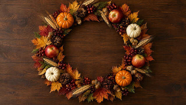 Autumn harvest wreath with pumpkins and apples, rustic fall foliage circular frame on dark wood, Thanksgiving seasonal decoration with maple leaves