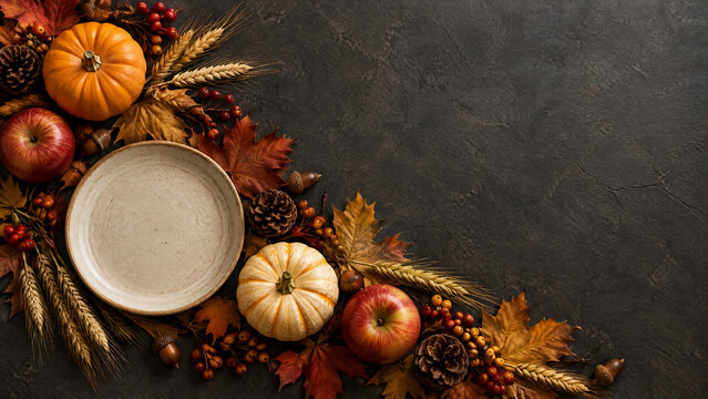 Autumn harvest table setting with empty ceramic plate, rustic pumpkins and fall leaves on dark background, thanksgiving dinner flat lay