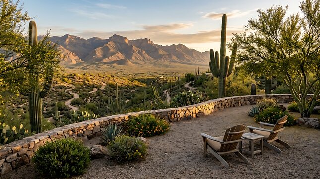 Relaxing patio with lounge chairs overlooking a beautiful desert landscape with giant cactus at sunset. arizona yard 