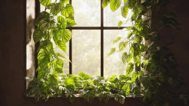 Sunlit window framed by heartleaf ivy and lush green foliage