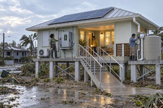 residents inspect an elevated climate resilient home with solar panels, battery storage, external shading and a rainwater collection system after a destructive tropical storm