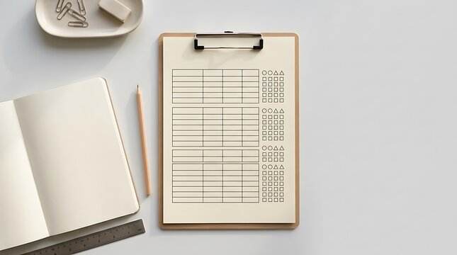 Clipboard with paper form and pen on a desk with a notebook. Grading rubric worksheet 