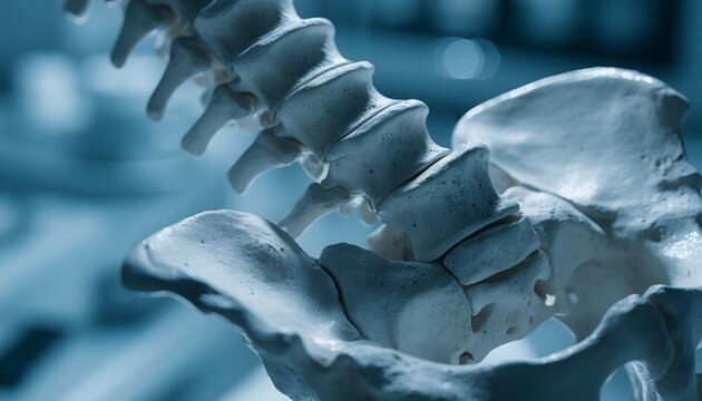 Lumbar spine and pelvic bone anatomical model. Chiropractic care and orthopedic health education. Close-up view of human lower spine and pelvis structure