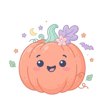 Cute happy pastel orange Halloween pumpkin character decorated with leaves, flowers, stars, and a bat illustration