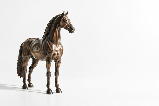 Polished bronze horse sculpture on white surface, corporate leadership and trust concept