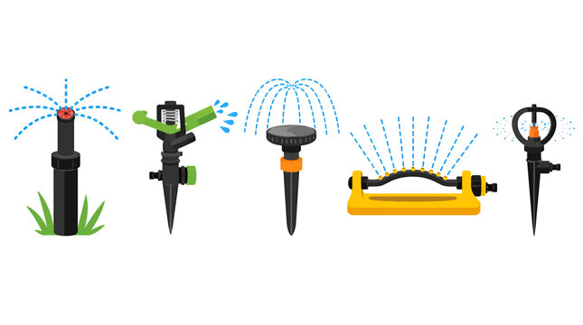 Garden sprinkler system vector set, automatic lawn irrigation equipment icons, watering sprinklers collection for backyard landscaping
