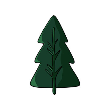 Christmas tree hand drawn in dark green with black outline on white background. Holiday greeting cards, wrapping paper designs, stickers, winter decorations and festive seasonal designs.