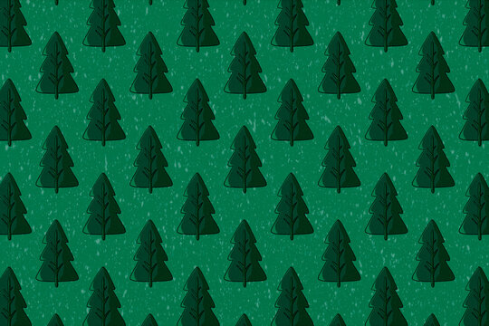 Seamless pattern of dark green Christmas trees on green background with falling snow. Christmas wrapping paper, holiday wallpaper, social media posts, textile prints and winter seasonal designs.