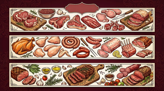 Vintage style meat banners set with raw beef, fresh chicken, and roasted steak cuts