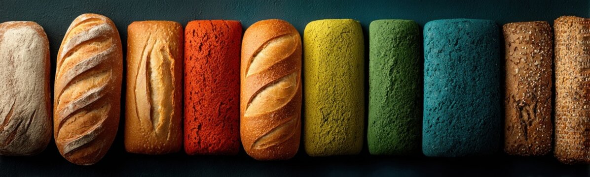 Assortment of breads lined up in a row against a wall food background