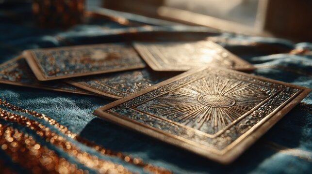 Tarot cards on a blue cloth with gold foil