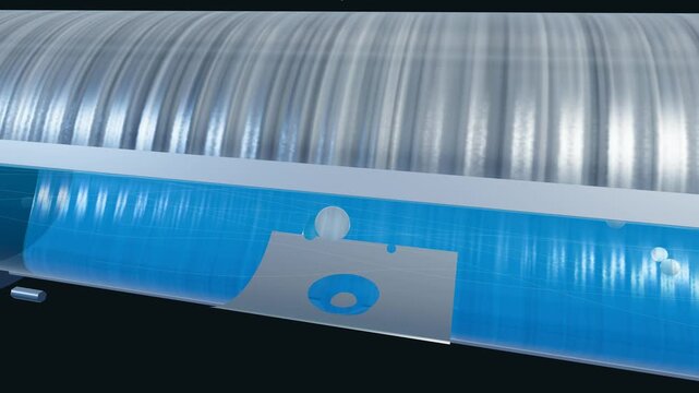 3D animation explaining the process of hydraulic cavitation in an industrial steel pipeline, detailing vapor inception, toroidal invagination, micro-jet impact shockwaves, and erosion pitting