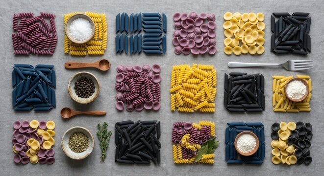 Top view of organized grid layout featuring colorful uncooked pasta varieties like fusilli and penne with spices, herbs, flour, salt, and kitchen utensils on a grey textured background for cooking.