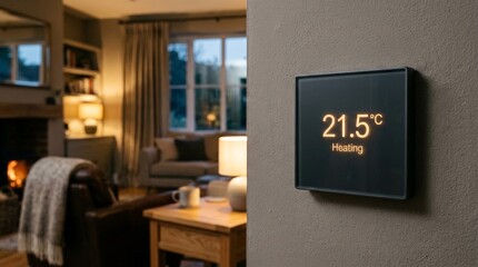 Obraz premium A close up view of a sleek smart thermostat mounted on a textured wall showing a temperature of twenty one point five degrees celsius inside a modern cozy living room