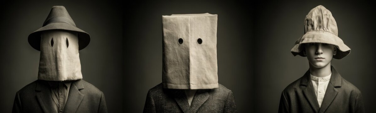 Three different images of a man with a paper bag on his head creative portrait