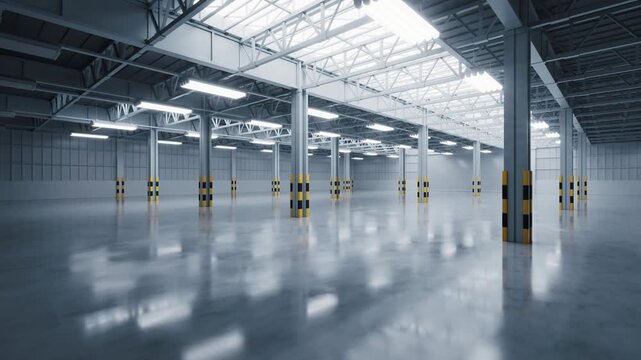 Empty dark industrial factory, interior of warehouse, 3d rendering.