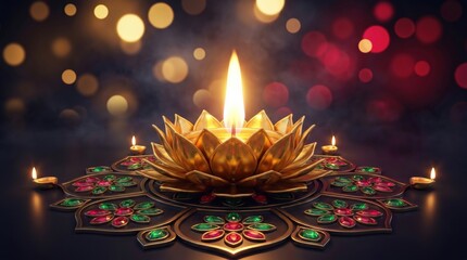 Golden lotus diwa lamp glowing for Diwali festival celebration background with colorful bokeh lights
