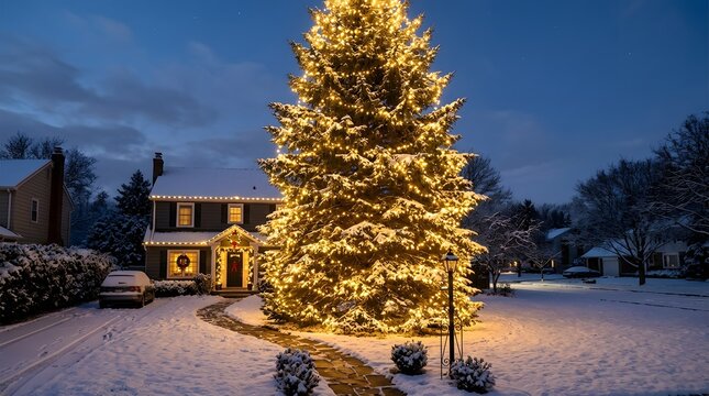 A beautifully decorated house with a large, illuminated christmas tree in the front yard during a snowy winter evening