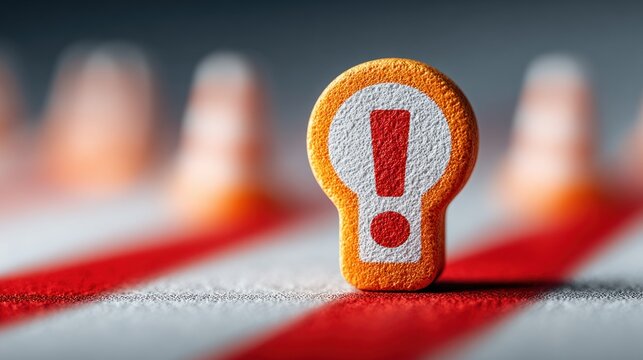 Small orange object with a red exclamation on it copy space