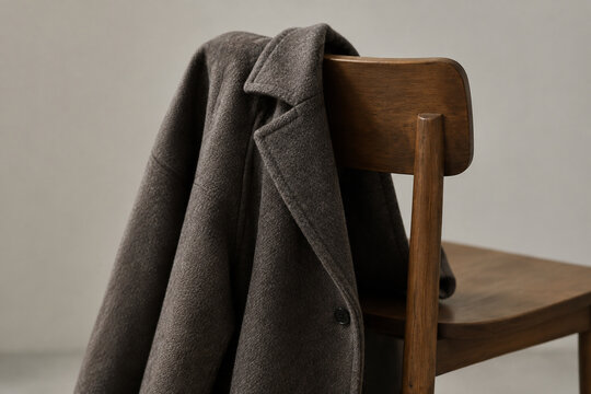 Heavy wool overcoat draped over wooden chair back, textured fabric, soft lighting.