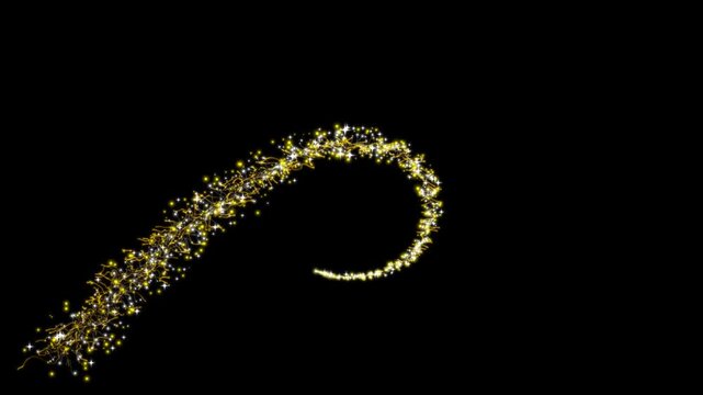 Golden sparkle dust flowing in a graceful spiral with shining stars, magical light trails, glitter particles and luminous bokeh on black background, ideal for logo reveals, awards, 4k