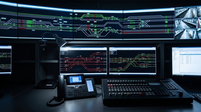 Railway traffic control room with computer monitors with multiple computer screens signal diagrams security