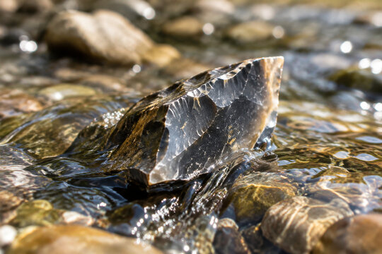 Sharp piece of flint in clear stream with water flowing over its edge, sunlight glinting.