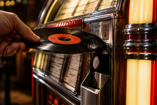 A vinyl single being inserted into a jukebox's coin slot with dramatic side light.