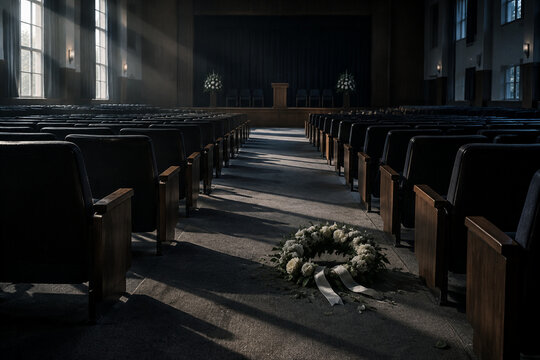 An empty auditorium with a single floral wreath on the floor, casting long shadows.