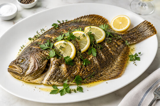 A cooked whole turbot on a white porcelain plate with lemon slices and fresh herbs.