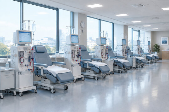 Hospital room with aligned dialysis machines, sterile ambient window light.
