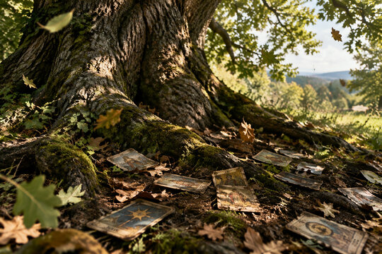Weathered divination cards scattered under an ancient oak tree, leaves moving in dappled sunlight.