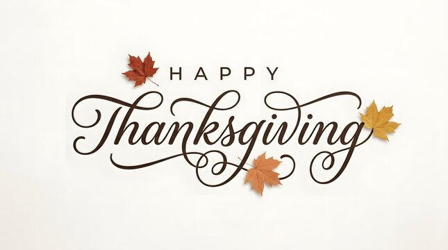 Elegant calligraphy text design for a happy thanksgiving celebration featuring beautiful autumn leaves on a clean white background surface