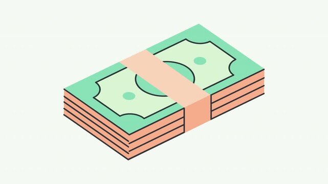 Animated 2D motion graphic of a stack of blue US dollar banknotes tied with a yellow band, rotating financial and business concept illustration on a transparent alpha channel background.