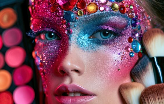 Face adorned with vibrant glitter and colorful gems intricate makeup application