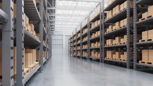 Store shelves with boxes goods in the warehouse, 3d rendering.