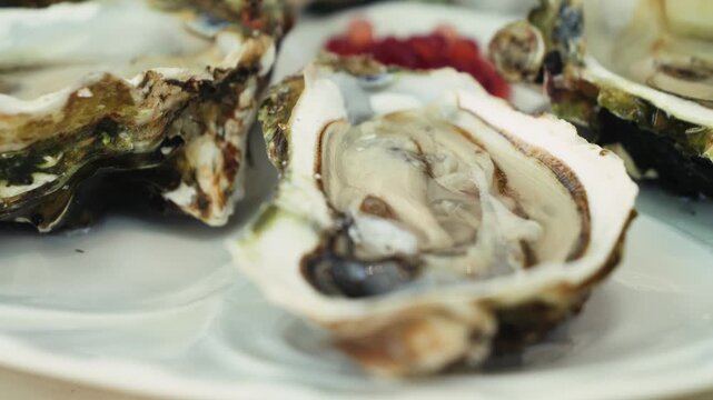 Fresh oysters served on a plate, shown close-up with several opened oyster shells and oysters, creating a rustic seafood dining scene.