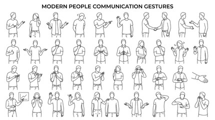 Fototapeta premium Vector collection of modern line art illustrations depicting various human communication gestures and diverse body language poses